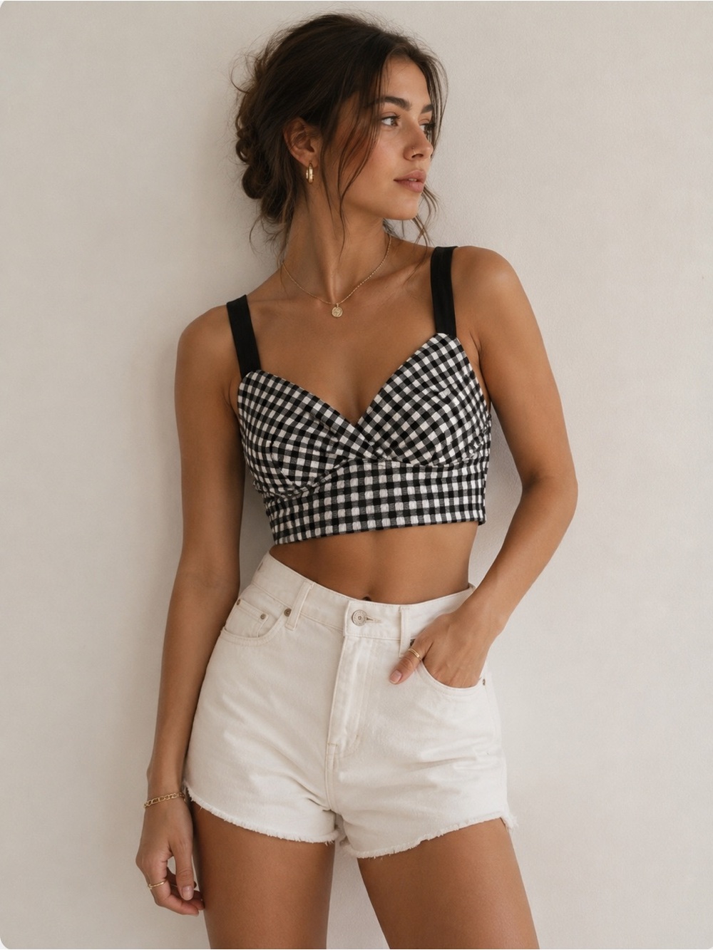 Dynamite Black & White Gingham Crop Bralette Tank Top